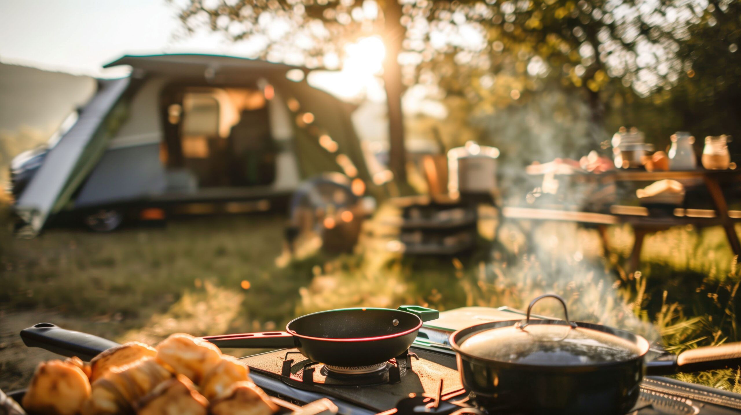 Ein sonniger Campingplatz im Freien mit einem Schwerpunkt auf einer Kochanordnung.